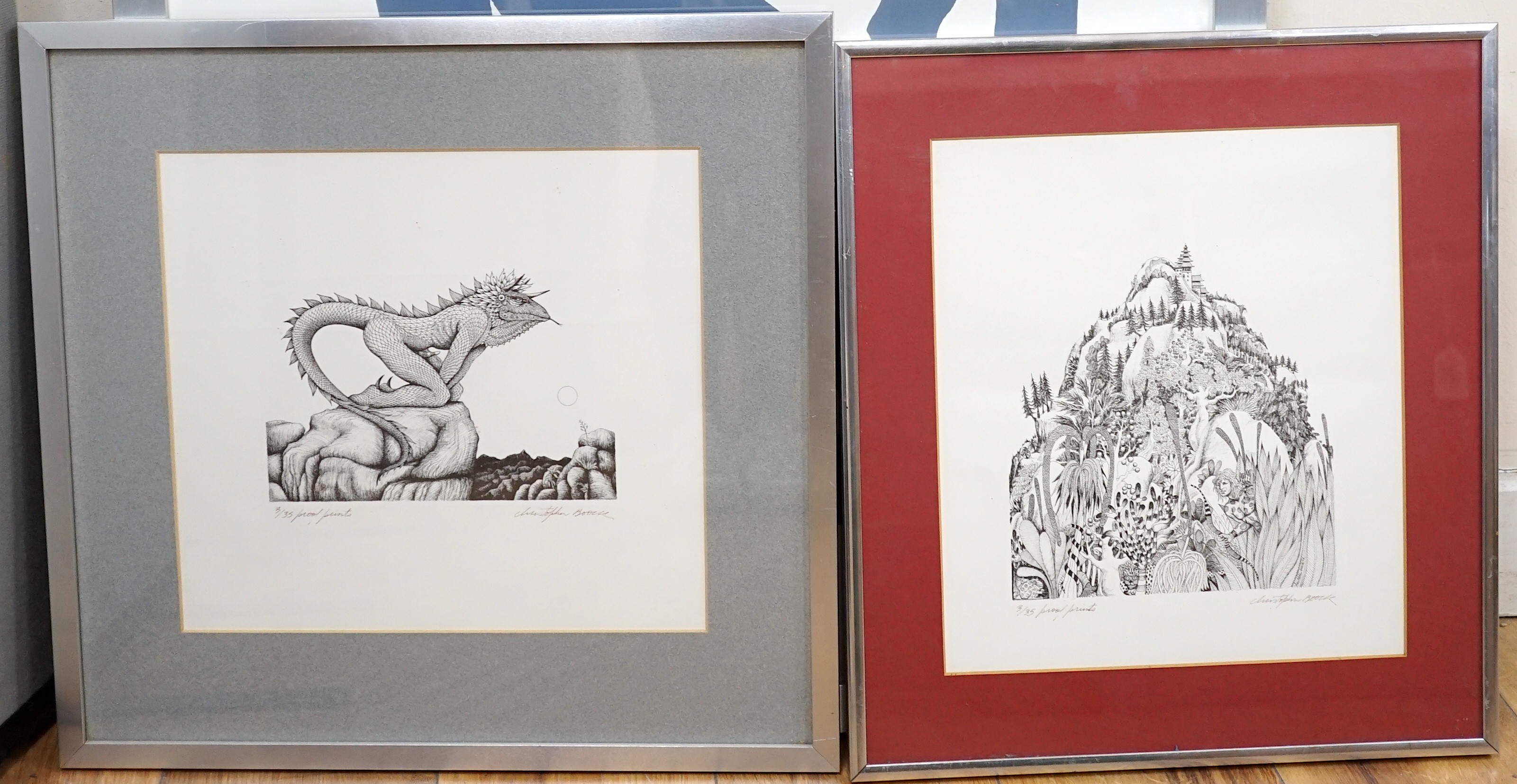 Christopher Boock (b.1947), two artist proof prints, 'Huntsman in a landscape' and 'Lizard man', signed and numbered 3/35, overall 30 x 26cm and 28 x 30cm